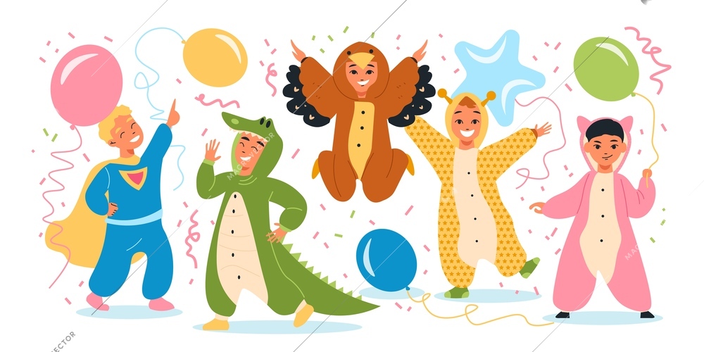 Kigurumi pyjama party kids composition kids in suits of superman crocodile bird and others and balloons flying around vector illustration