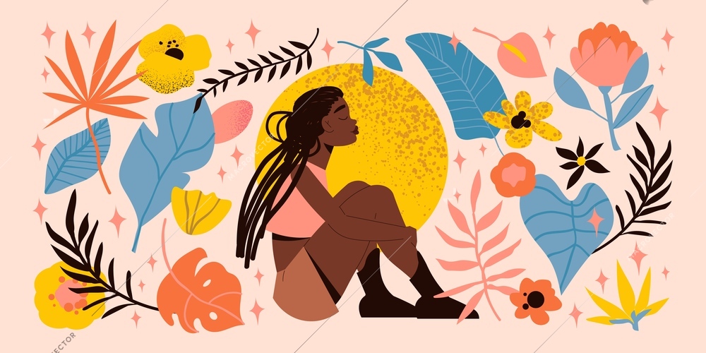 Black girl woman big colored concept beautiful woman sitting in front of an artwork with flowers and colorful leaves vector illustration