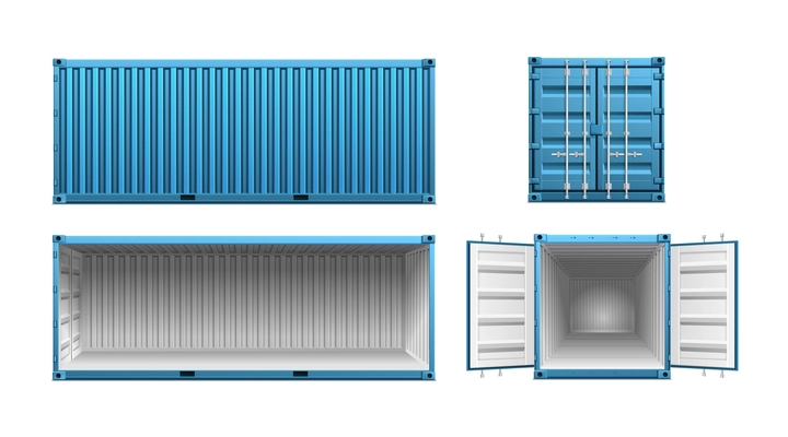 Realistic set of open and closed blue metal cargo container front and side view isolated vector illustration