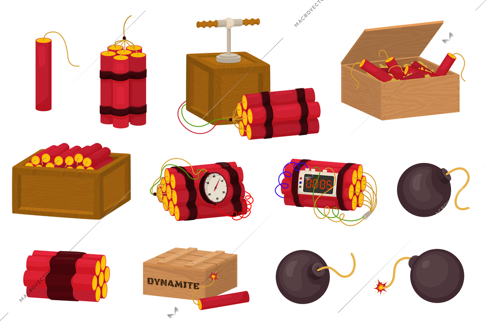 Dynamite bomb flat set with isolated icons of round bombs and boxes full of dynamite candles vector illustration