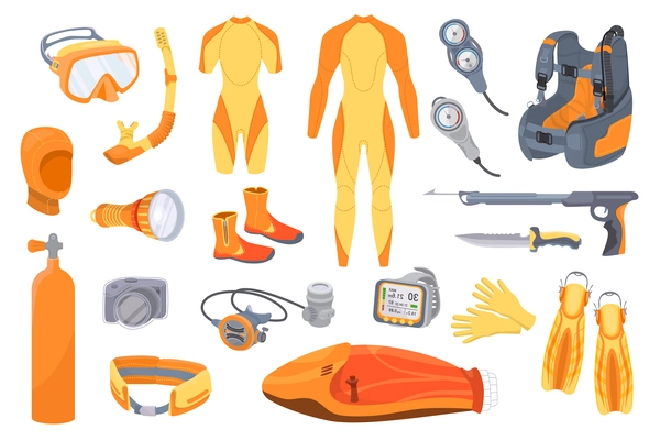 Diving equipment flat set with isolated icons of wearable costume parts masks and underwater breathing appliances vector illustration