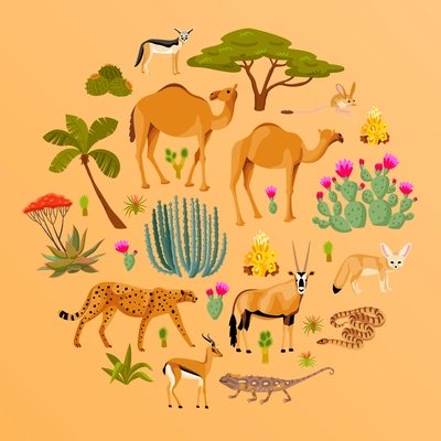 Desert round composition with cartoon representatives of flora and fauna on yellow background flat vector illustration
