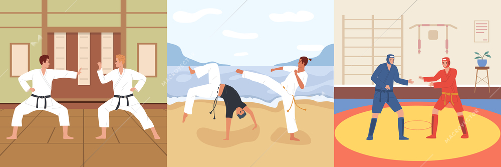 Martial arts flat composition set with fighter scenes isolated vector illustration