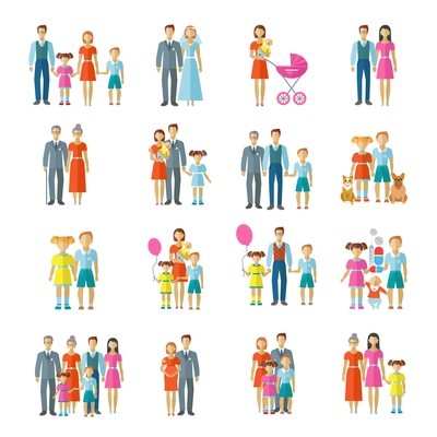 Family icons flat set with married couple children and pets avatars isolated vector illustration