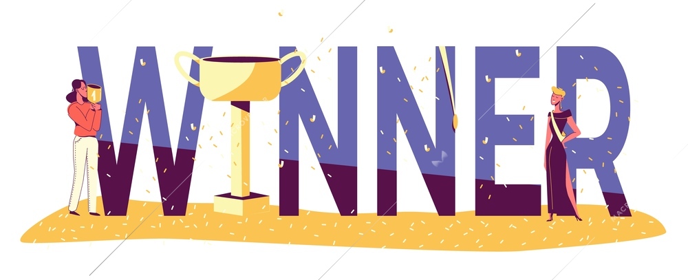 Winner people flat composition with big text flying confetti pieces and golden cup with female prizewinners vector illustration