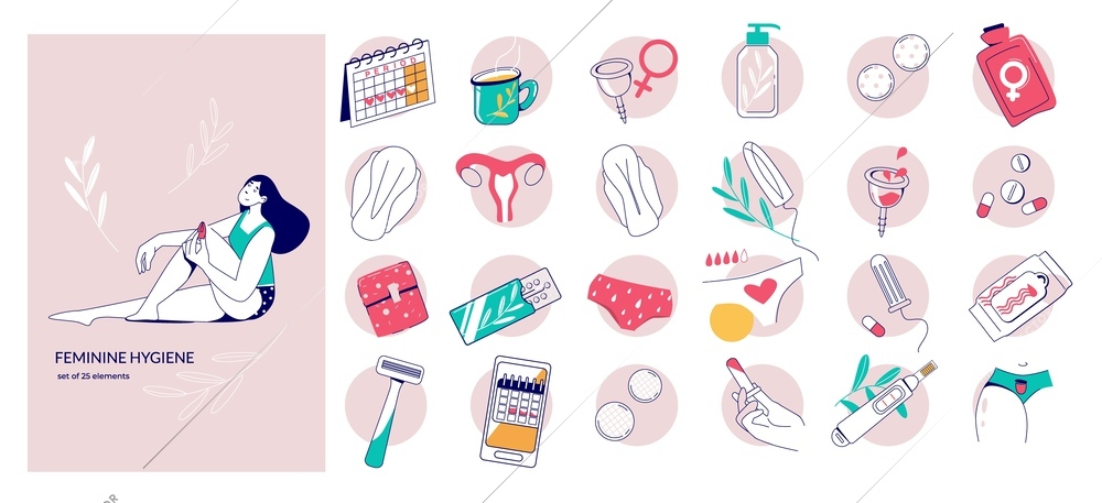 Set with isolated feminine hygiene flat compositions with sketch style icons of personal supplies for menstruation vector illustration