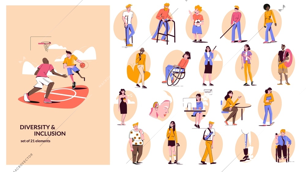 Diversity inclusion set with isolated flat compositions of disabled people in casual life and work situations vector illustration