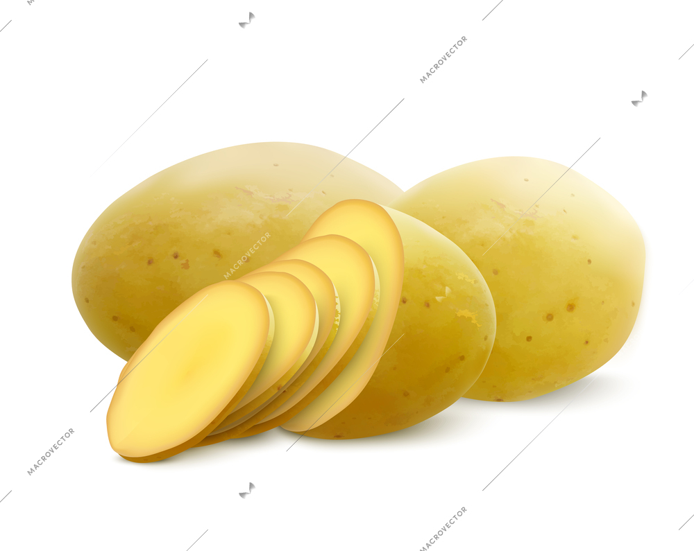 Potatoes realistic composition with view of whole and sliced potatoes bunch on blank background with shadows vector illustration