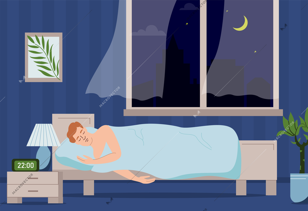 Man healthy lifestyle flat composition with night view of bedroom home interior with sleeping male character vector illustration