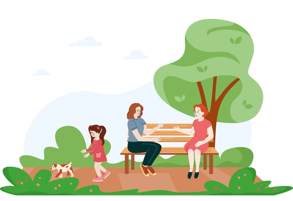 Children safety flat composition with two chattering woman not looking after girl walking her dog in park vector illustration