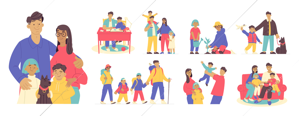 Family flat set with happy parents and children doing various leisure activities together isolated vector illustration