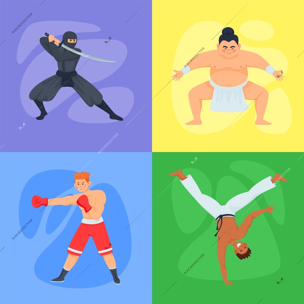 Fighters flat 2x2 compositions set with colorful square backgrounds and doodle characters of martial arts masters vector illustration