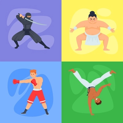 Fighters flat 2x2 compositions set with colorful square backgrounds and doodle characters of martial arts masters vector illustration