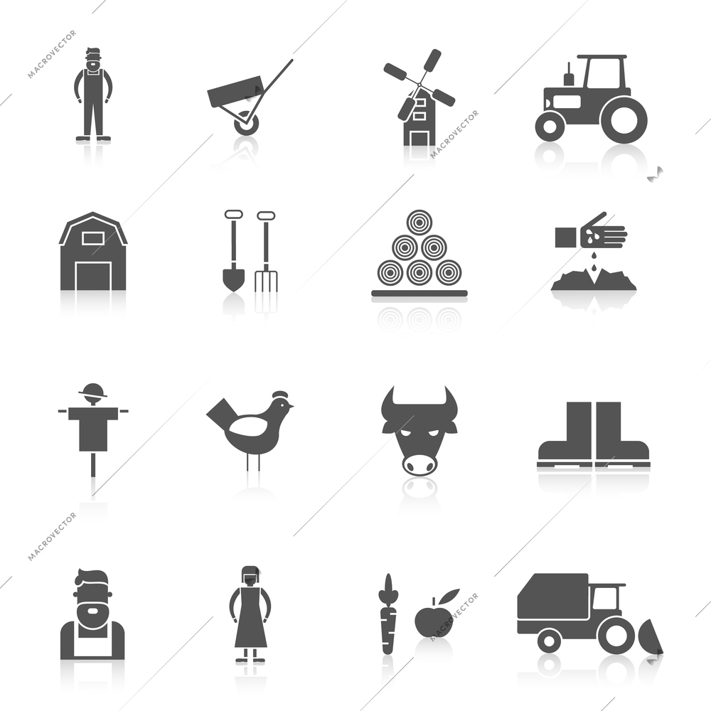 Farm black icon set with crop poultry agriculture elements isolated vector illustration