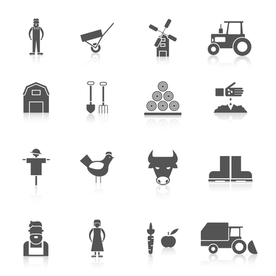 Farm black icon set with crop poultry agriculture elements isolated vector illustration