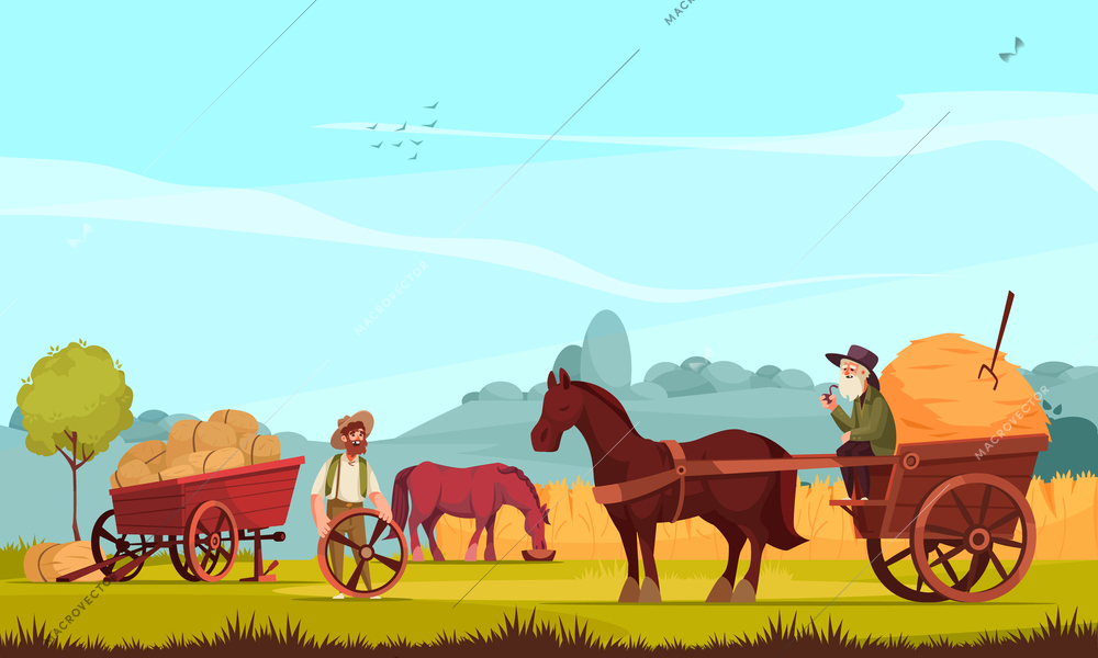 Horse drawn vehicles at rustic background with animals in harness to work on ranch cartoon vector illustration