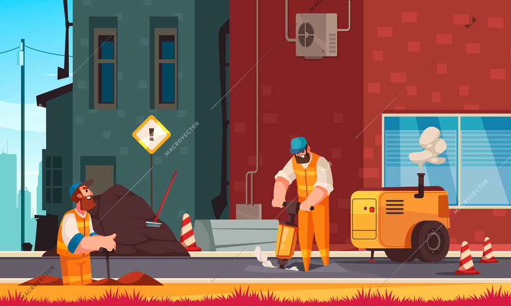 Road repair cartoon background with two men in uniform working with maintenance equipment flat vector illustration