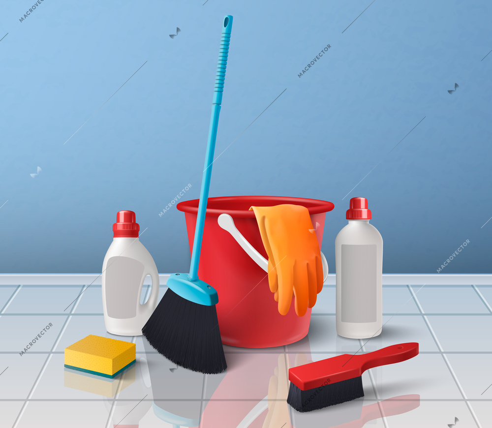 Household cleaning products realistic concept with plastic bucket and detergent bottles vector illustration