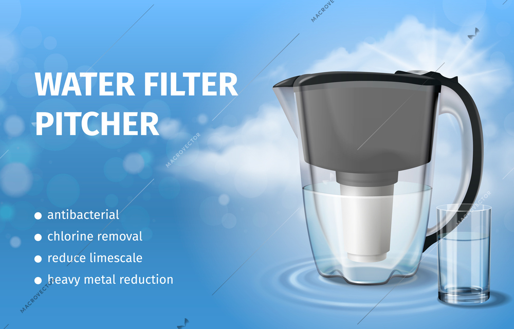 Water filter pitcher on realistic background ad poster template vector illustration