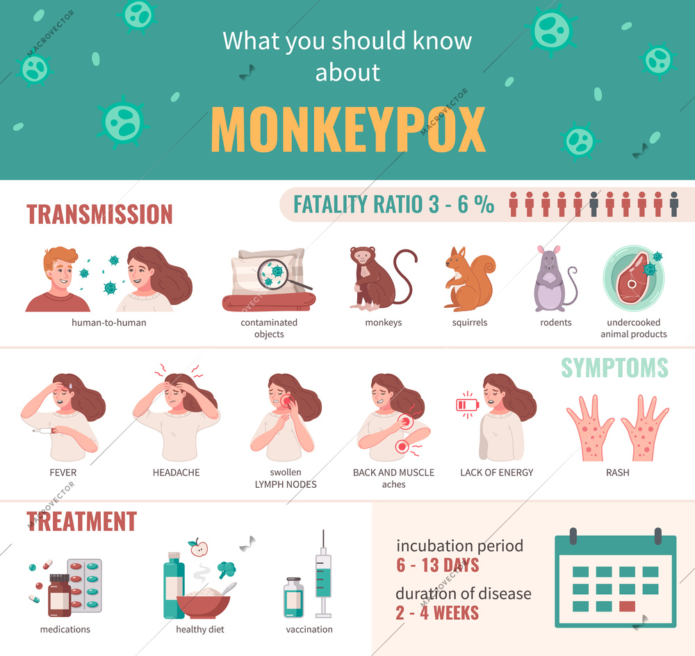 Monkeypox virus infographics set with transmission ways and symptoms treatment vector illustration