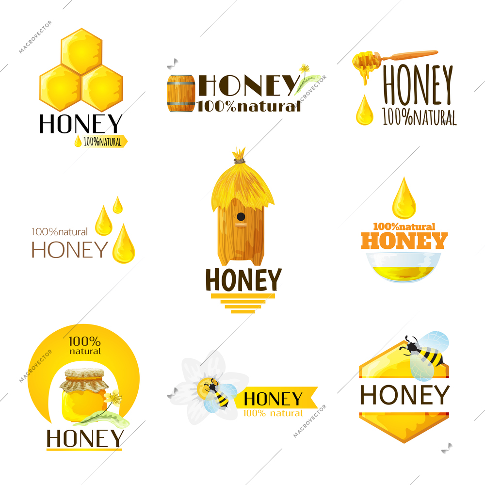 Natural honey  healthy organic product labels set isolated vector illustration