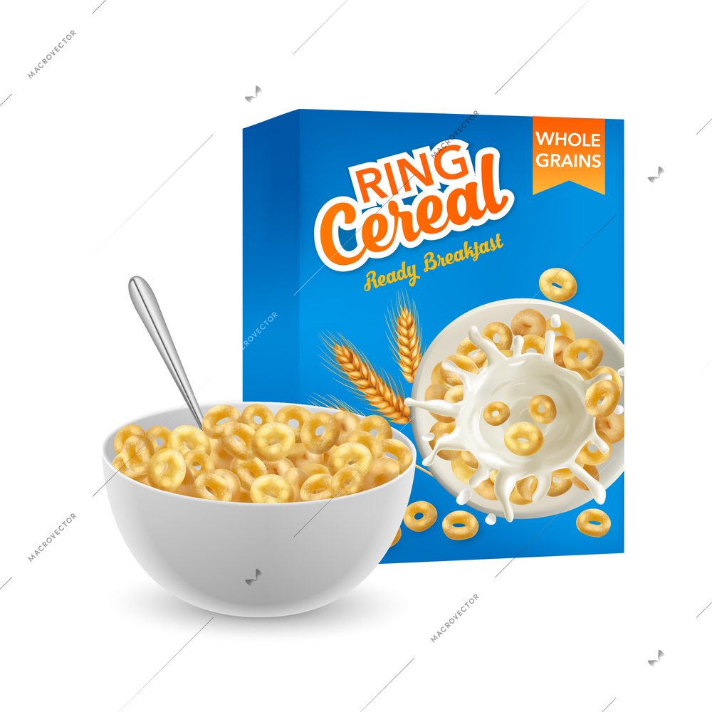 Breakfast cereal plates realistic concept with crispy meal vector illustration