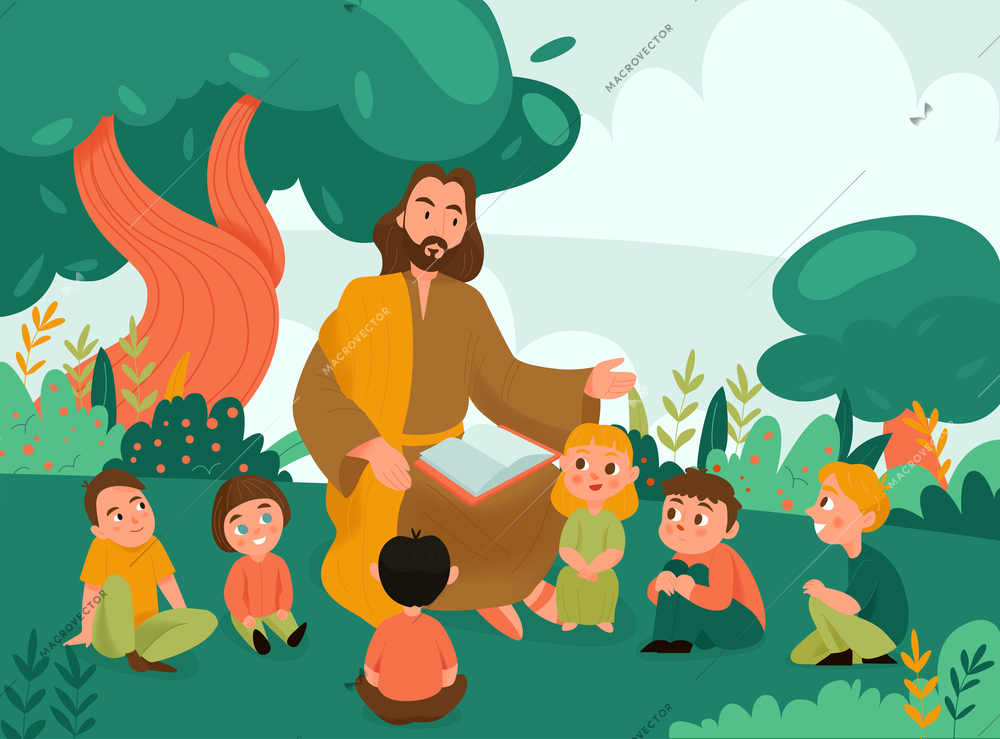 Jesus Christ and kids background with Bible and religion symbols flat vector illustration