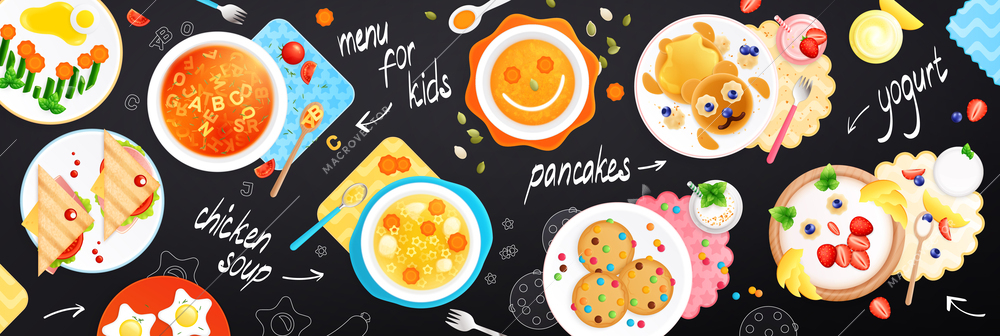 Childish dishes food design flat composition with images of various sweets on plates with chalkboard text vector illustration