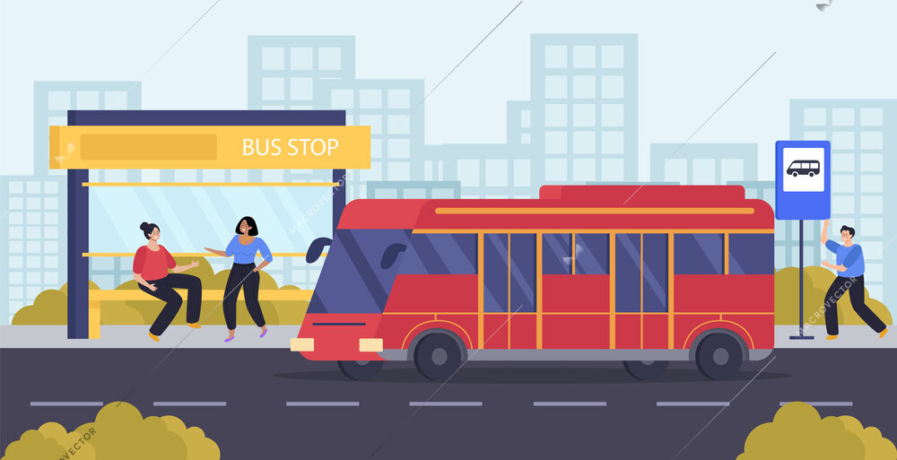 People in public transport flat composition with two women and man waiting for bus at stop vector illustration