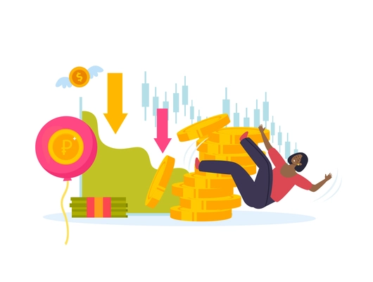 Economic crisis financial instability flat conceptual background with falling person and stack of coins vector illustration