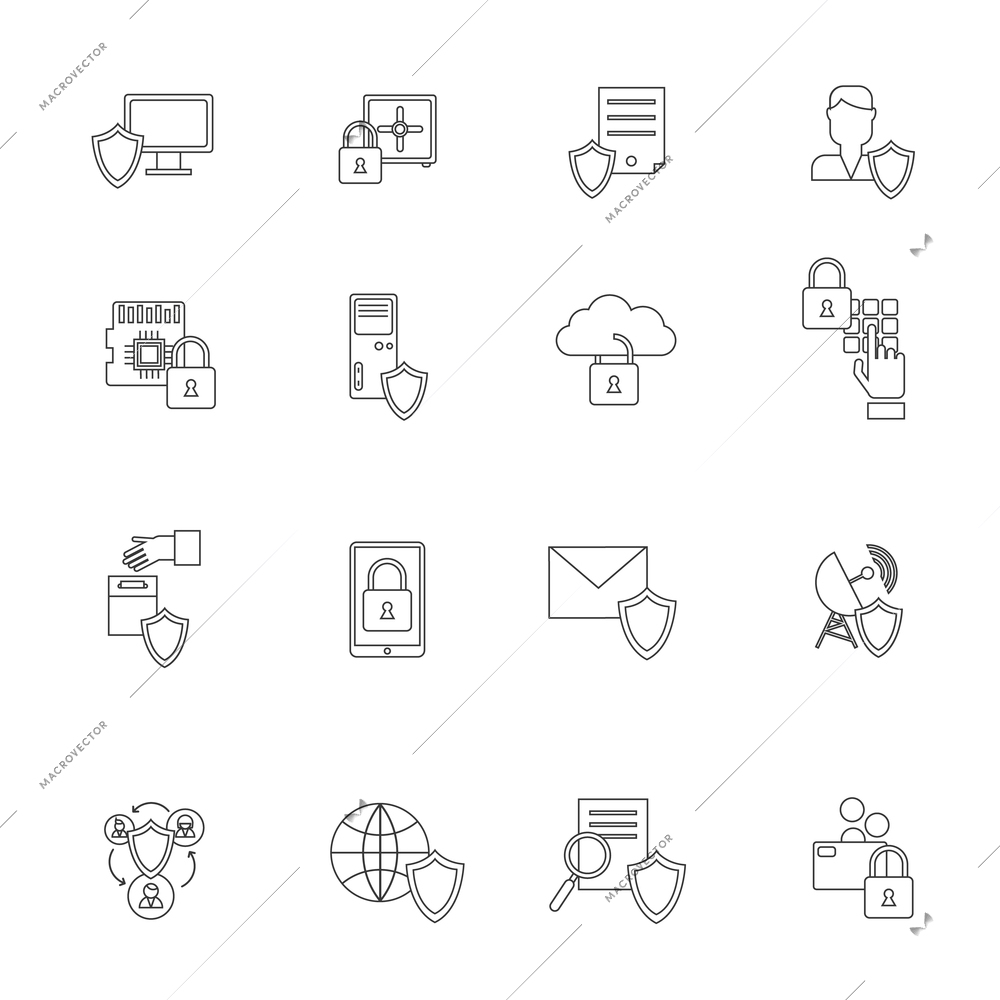 Information security cloud computing database protection system icon outline set isolated vector illustration