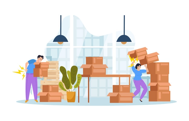 Workplace safety composition in flat style with two employees getting injuries while carrying heavy boxes at work vector illustration