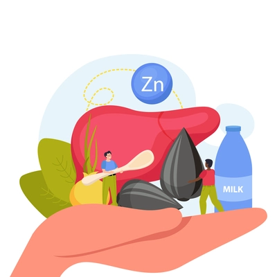 Human hand holding healthy food containing zinc and two tiny people flat background vector illustration