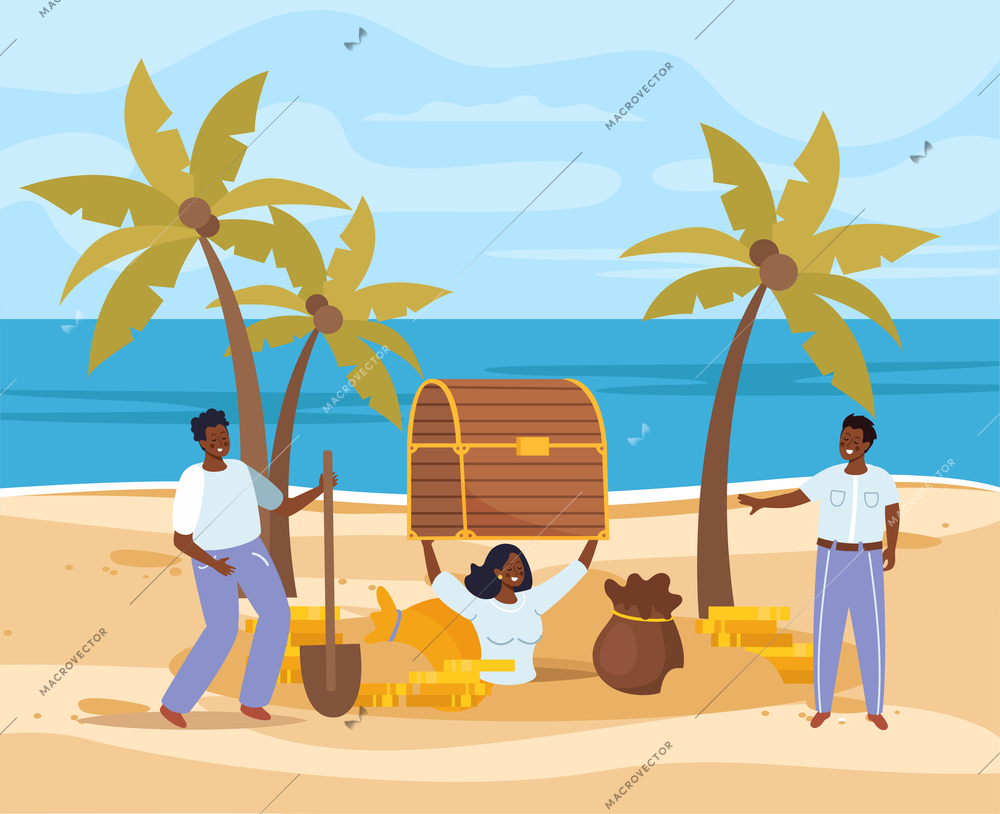 Three happy treasure hunters with shovel who found chest with gold on sandy beach flat vector illustration