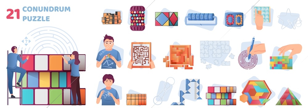 Conundrum flat composition collection of various puzzles sudoku rubiks cube labyrinth games and people looking for right solution isolated vector illustration