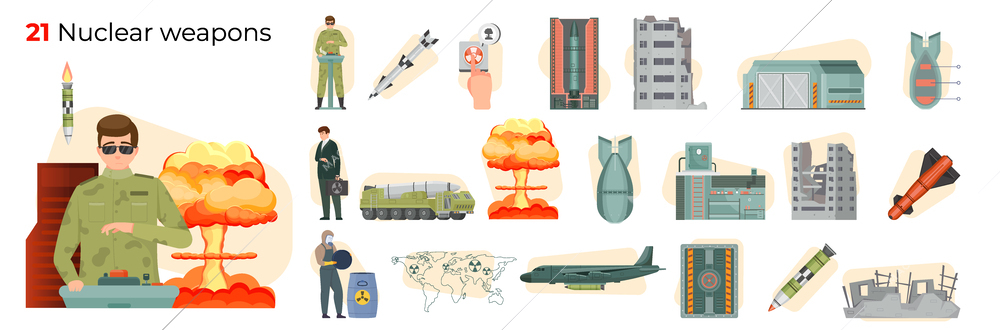 Nuclear war flat composition set with ballistic missiles explosion destroyed houses military men isolated vector illustration