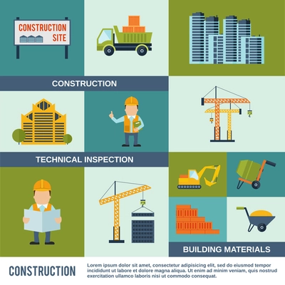 Construction icons flat set with technical inspection building materials elements isolated vector illustration