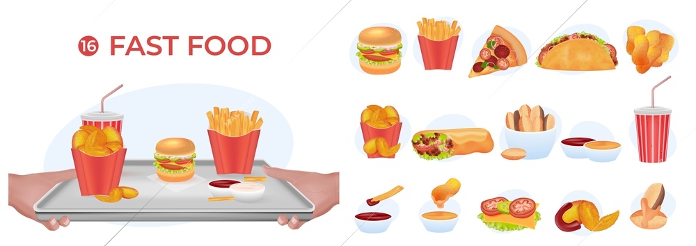 Fast food restaurant menu realistic composition set with pizza chips burger drink sauce and human hands holding tray vector illustration