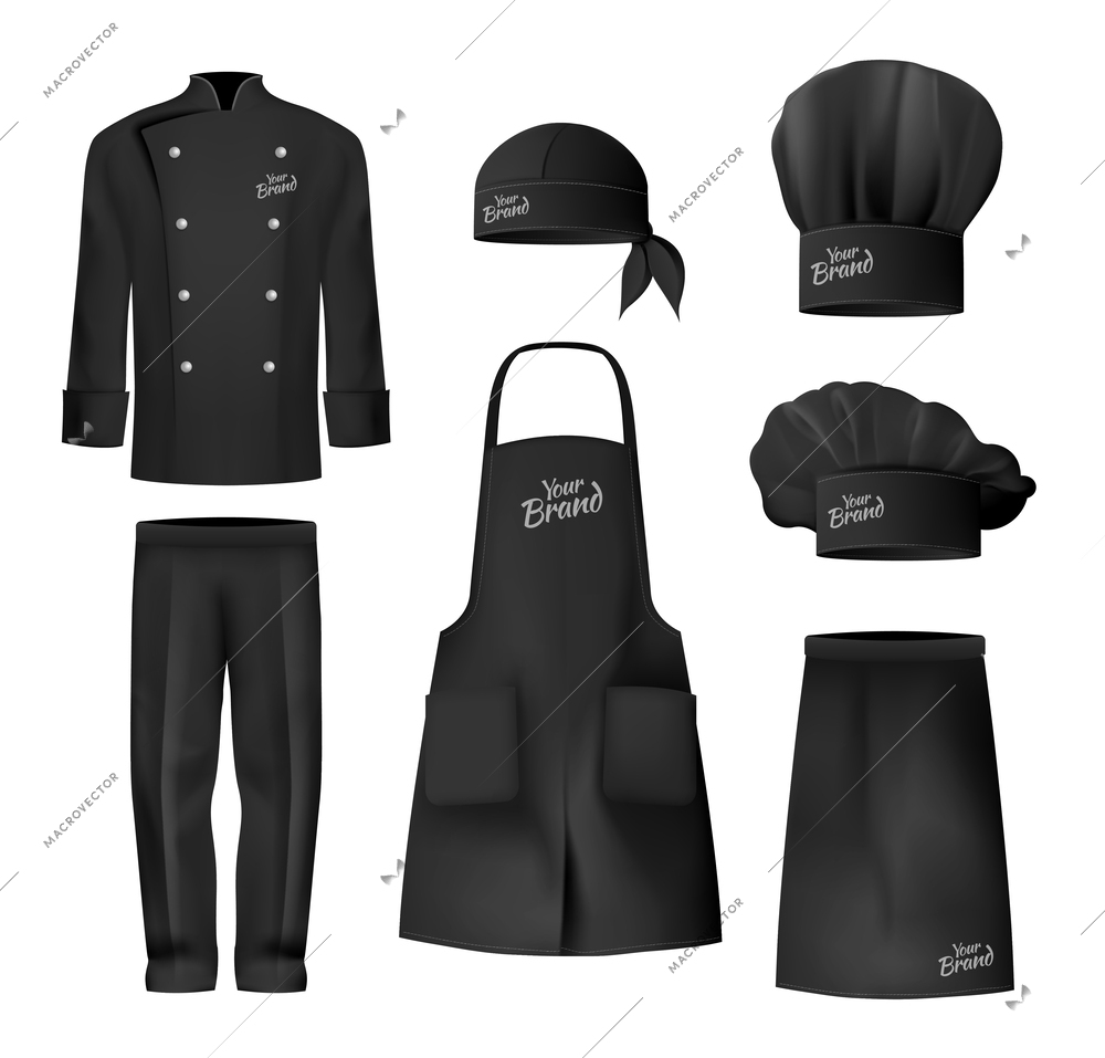 Realistic culinary clothing black hat tunic apron pants with a nameplate icon set vector illustration