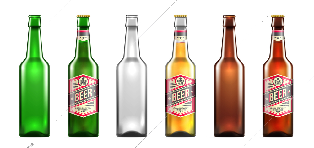 Realistic beer bottles icon set green transparent brown bottles with and without labels on the bottles vector illustration