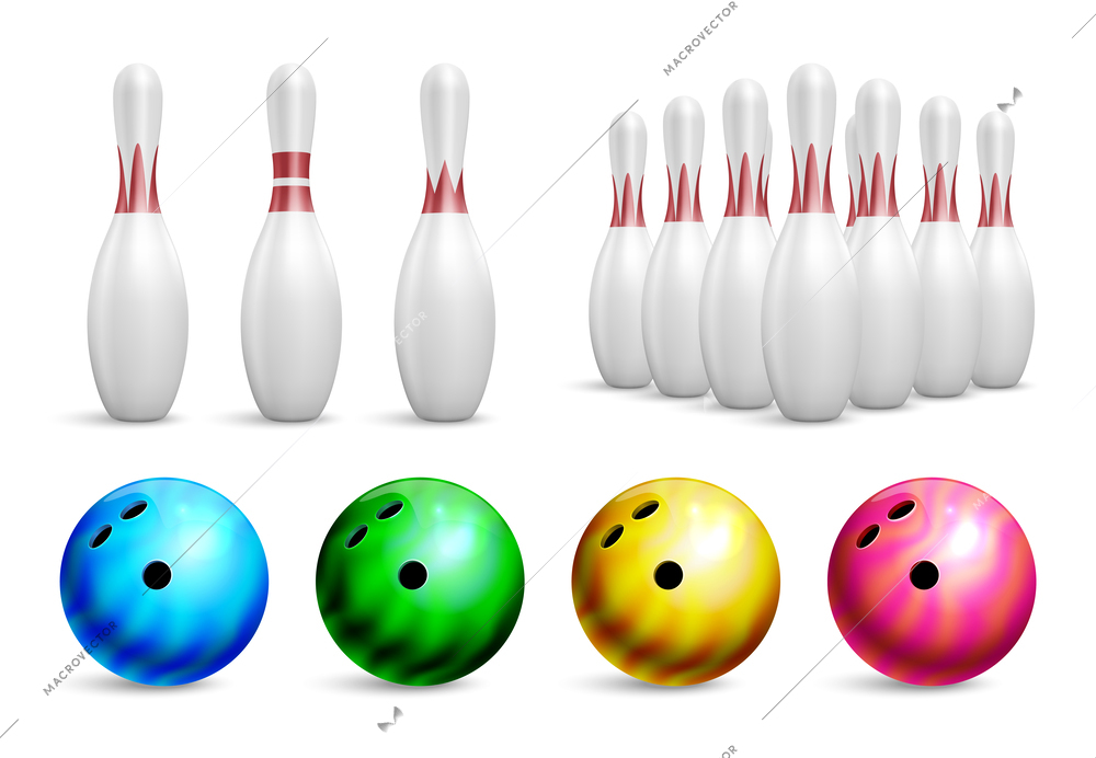 Realistic ball bowling icon set pins in groups and individually different colors and weights billiard balls vector illustration