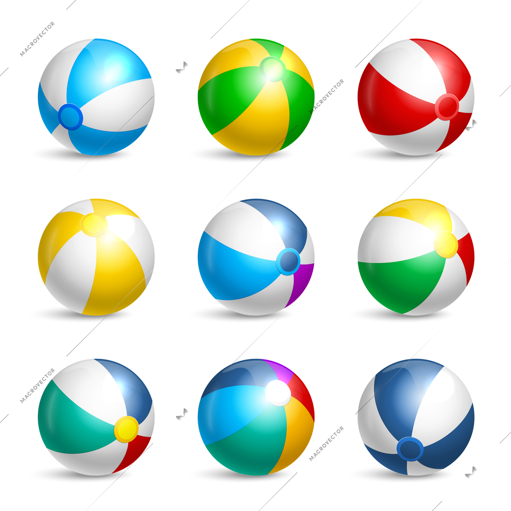 Realistic beach ball icon set nine isolated striped balls of different colors vector illustration