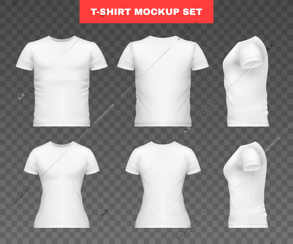 Realistic t shirt mockup template icon set white mens and womens tight t shirt from different angles vector illustration