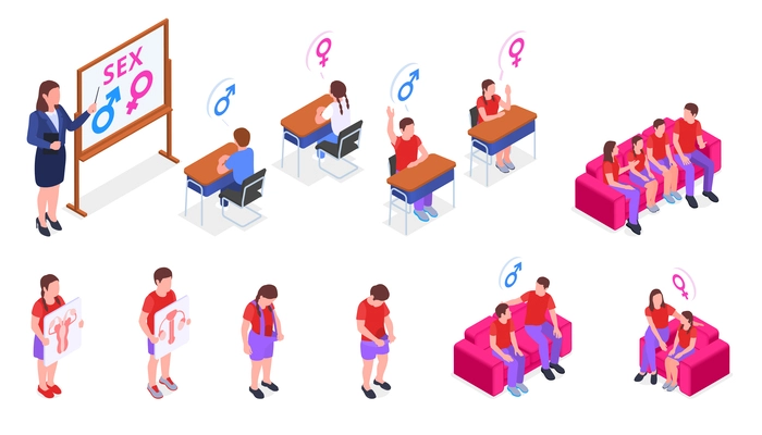 Sex education isometric icons set with people in class and family discussing sexual issues isolated vector illustration