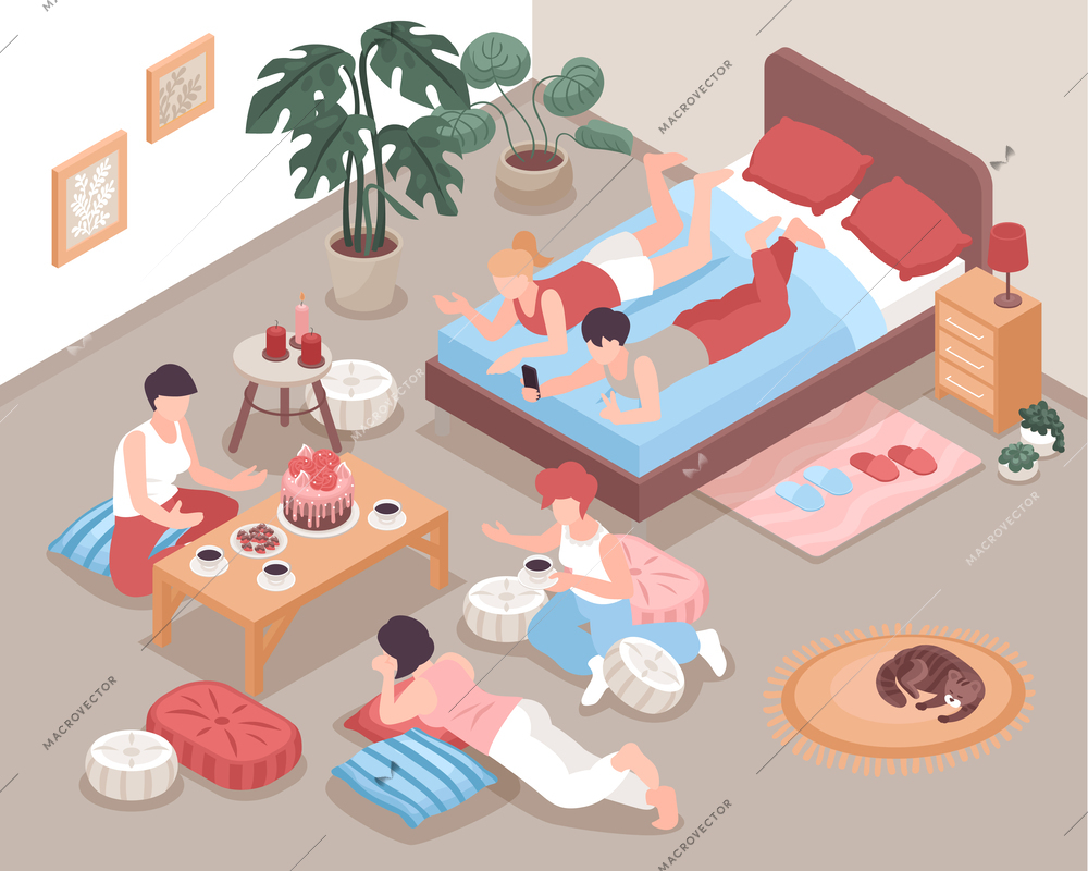 Friends eating cake taking photos lying on pillows at pajama party 3d isometric vector illustration