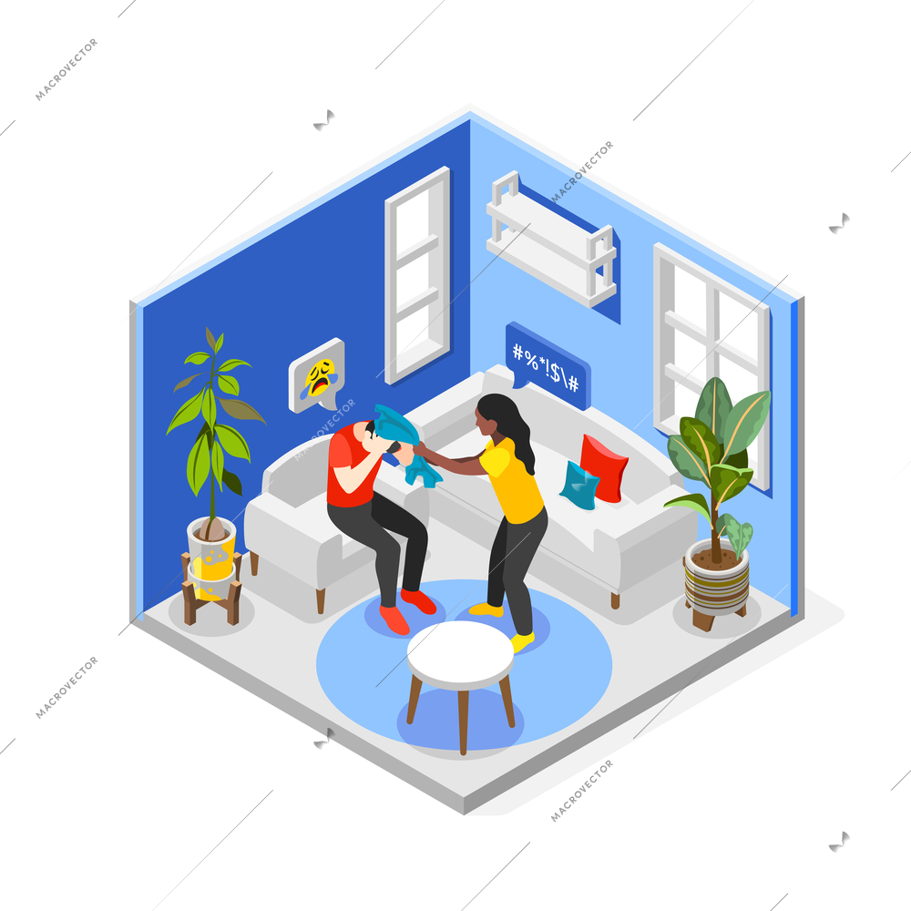 Domestic violence isometric concept with abuse symbols vector illustration