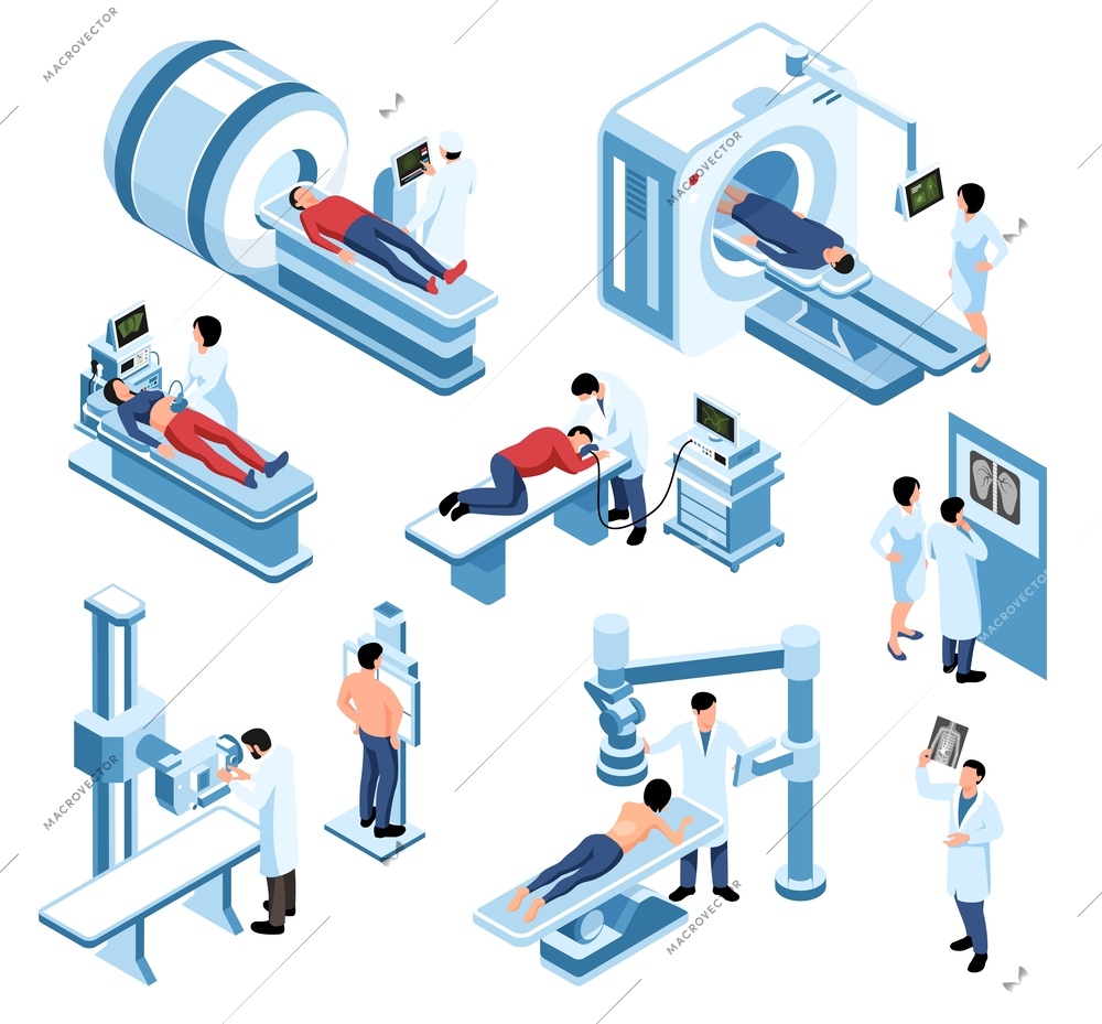 Isometric ultrasound xray scan diagnostic icon set various types of diagnostics of diseases with the help of medical devices vector illustration