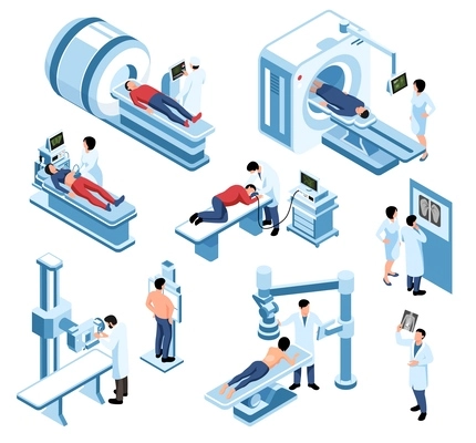 Isometric ultrasound xray scan diagnostic icon set various types of diagnostics of diseases with the help of medical devices vector illustration