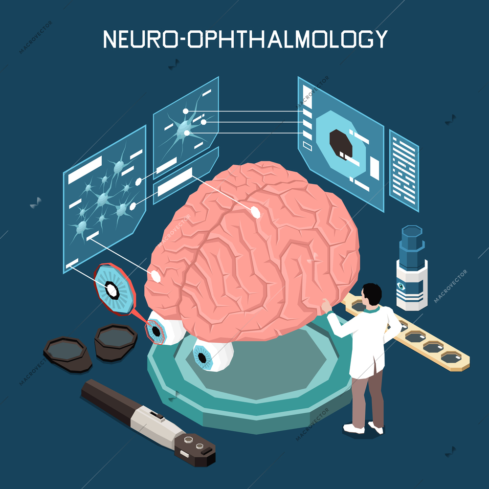 Isometric neuroscience neuro ophthalmology composition with scientist and laboratory equipment 3d vector illustration