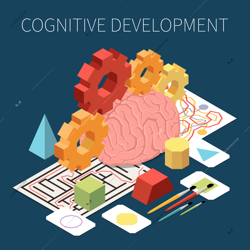 Isometric cognitive development composition with 3d images of brain cogwheels and tools for preschool education vector illustration